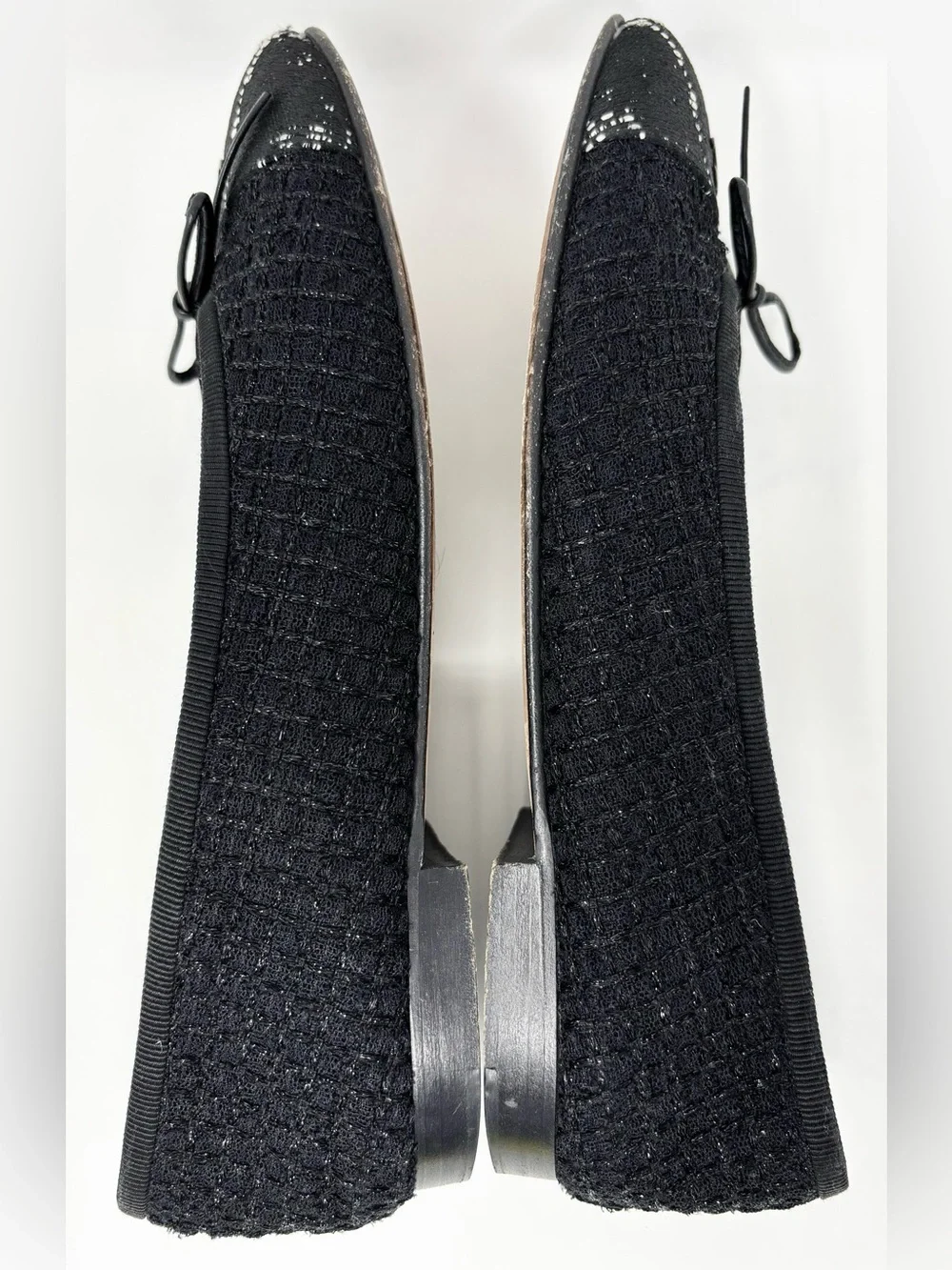 Chanel CC Logo Cap Toe Tweed Ballet Flats Black White Size 37 Authentic